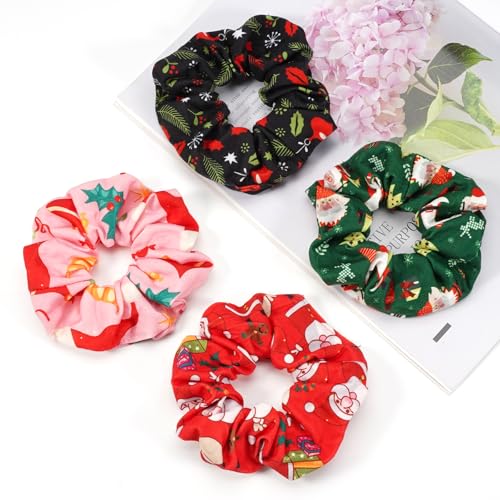 Bookay Christmas Hair Scrunchies 4-Pack Cute Festive Elastic Hair Ties