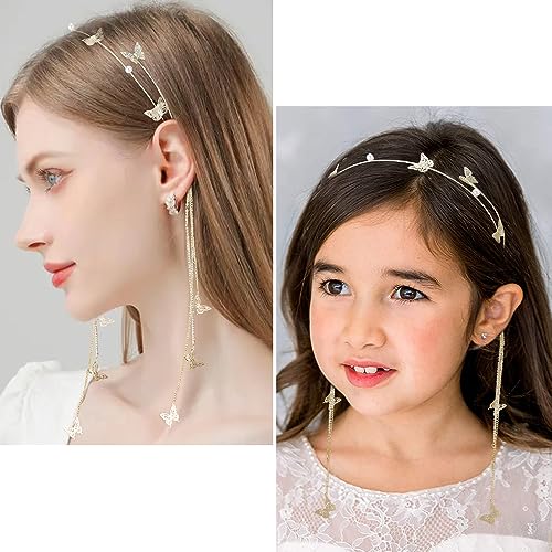 AHONEY Gold Butterfly Rhinestone Headband with Long Tassels Crystal Headpiece