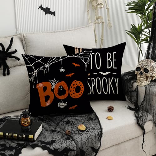 Halloween Ghost Pillow Covers Set of 4 - Black & Orange Decorative Cushion Cases