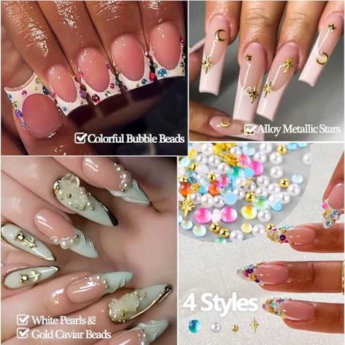 700 Pcs 3D Nail Charms Bubble Beads & Half Pearls with Picker Pen