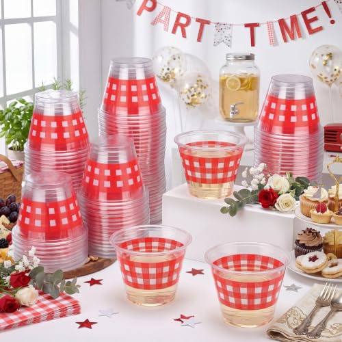 Red Gingham Plastic Cups Bulk 9 oz for Party Decorations - 100 Pack