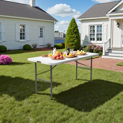 Simple Deluxe Foldable Table - Heavy Duty Portable Plastic Top & Steel Legs, Built-in Handle for Indoor Outdoor Party, Camping, White 4 FT, Standard