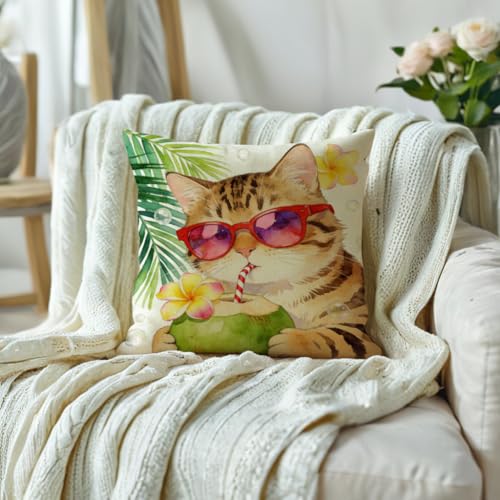 Summer Cat Throw Pillow Cover, Tropical Sunglasses Tabby, 18 x 18 Inch
