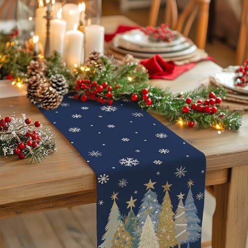 Christmas Table Runner 13x36 Inch Blue Xmas Trees Snowflakes Holiday Decor