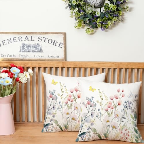 AACORS Spring Floral Butterfly Pillow Covers 16x16 - Set of 2