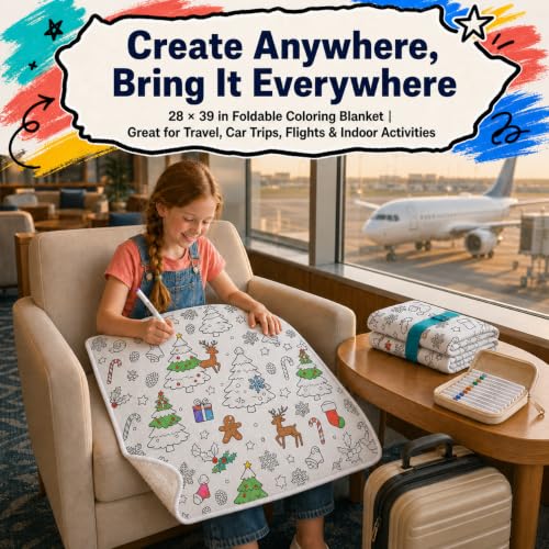 Christmas Theme Washable DIY Coloring Blanket with 24 Pens - Small