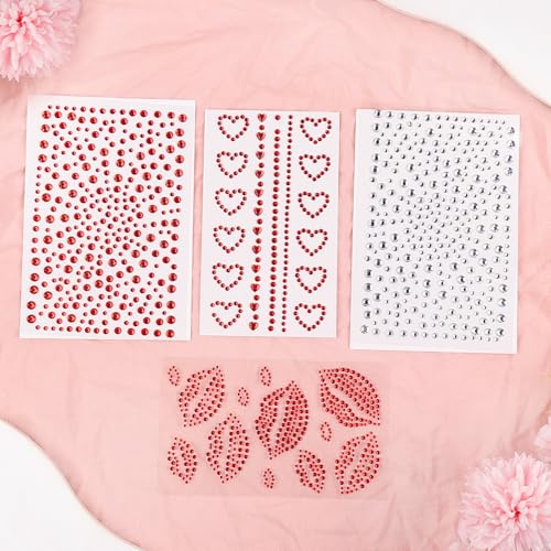 Doneace Red Face Gems and Heart Rhinestone Stickers for Festival Makeup 4Pcs
