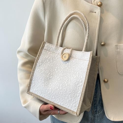 HSOOVZN 2-Piece Embroidered Jute Tote Bag Set - White Personalized Bento Bag