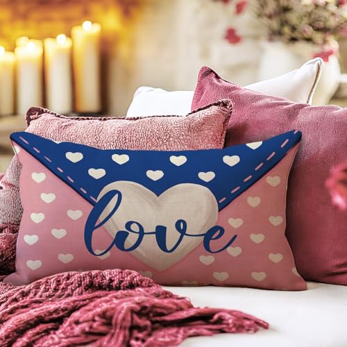 Fahrendom Valentines Day Love Heart Lumbar Pillow Cover 12x20 Inches - Pack of 1