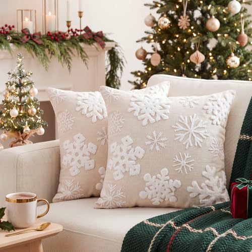 Christmas Snowflake Pillow Covers 18x18 Inches Set of 2 - White Cotton Canvas Holiday Decor