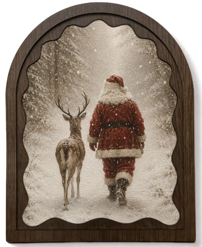 Santa and Reindeer Wood Framed Arch Sign - Christmas Tabletop Decor - Variation 03