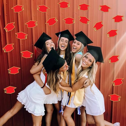50PCS Red Gold Graduation Hat Cutouts for Decorations - 6x3.5in