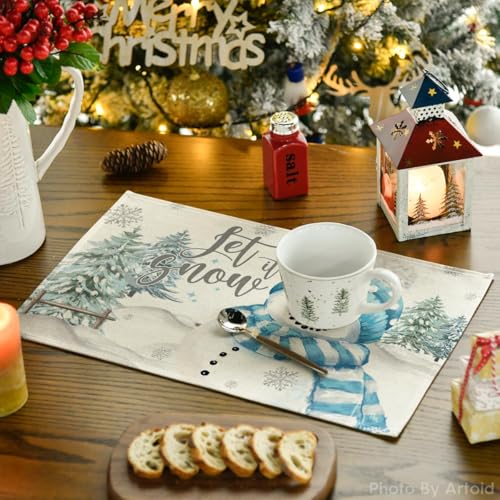 12x18 Inch Blue Snowman Christmas Placemat Set of 6 - Let It Snow Holiday Table Decor