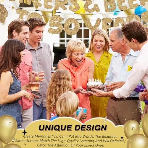 Cheers and Beers to 50 Years Gold Glitter Banner for 50th Birthday Party