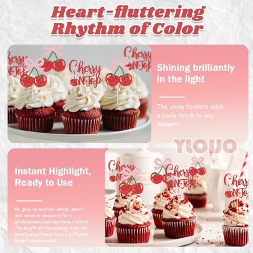Cherry Cupcake Toppers - Glitter Bow Cake Picks for Parties (24 Pack)