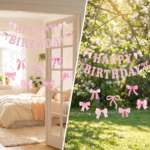 Pink Bow Birthday Banner Set with Happy Birthday Decorations