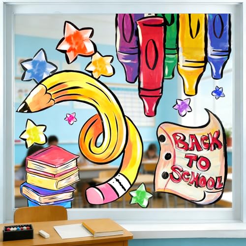 Back to School Window Clings - Colorful Pencil & Crayon Decals, 32.3 x 13.8 Inch, 2 Sheets