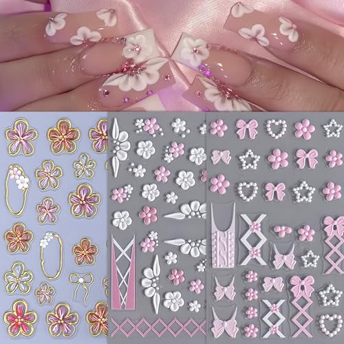 SHUXILIN 3Pcs 5D Embossed Pink Flower Nail Art Stickers Self-Adhesive Bow Decals