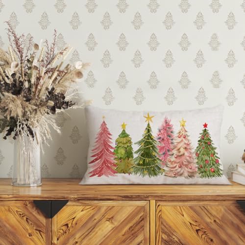 Pink Green Christmas Pillow Cover 12x20 Inch | Watercolor Tree Design