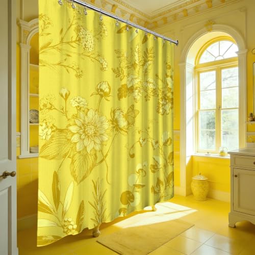 Mustard Yellow Vintage Botanical Shower Curtain - 72x72 in, Waterproof Polyester with Floral Design