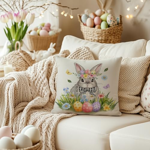 Easter Bunny Floral Pillow Cover 18x18 Inch - Holiday Decor