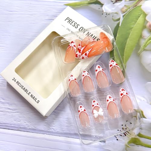 Valentine Press on Nails Short Almond White French Tip Heart Bow 24Pcs