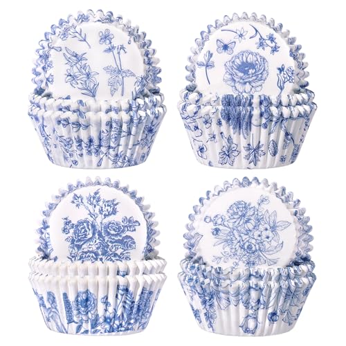 200 PCS Blue Floral Cupcake Liners - Elegant Butterfly Design for Parties