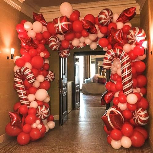 Christmas Balloon Arch Kit with Red, White, Candy & Foil Balloons for Holiday Party Decor