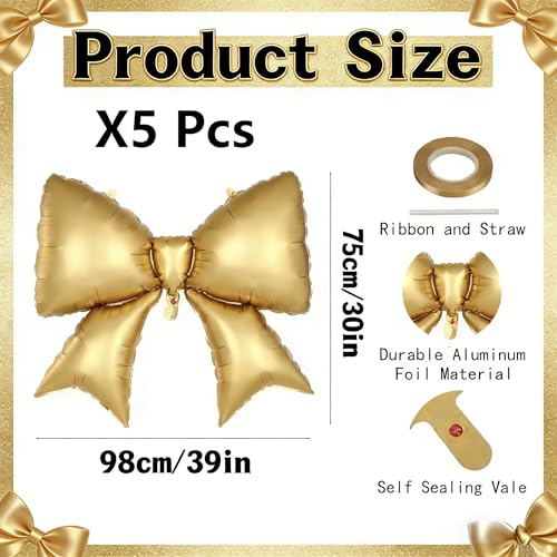 5 Pcs 38-Inch Gold Bow Foil Balloons - Coquette Party Decorations