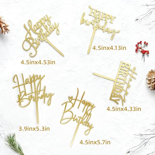 Gold Happy Birthday Cake Toppers 5-Pack - Reusable Acrylic Decorations