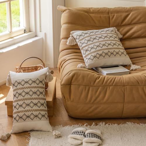 vctops Boho Cotton Linen Lumbar Pillow Cover 12x20 Inch with Tassels