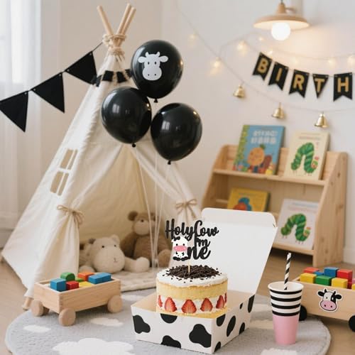 Holy Cow I'm One Cake Topper - Black Glitter Farm Theme