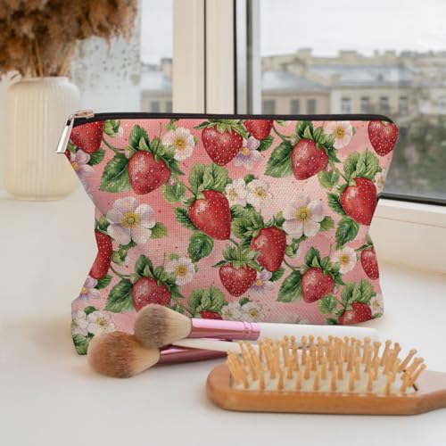 BARPERY Floral Strawberry Makeup Bag - Cute Linen Travel Cosmetic Pouch
