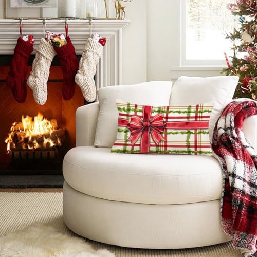 Christmas Pillow Cover 12x20 Inch - Red and Green Gift Bow Design