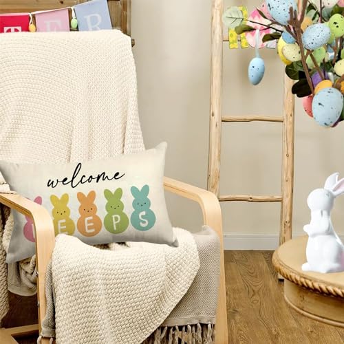 Easter Bunny Welcome Peeps Linen Throw Pillow Cover - 16x24 Inch