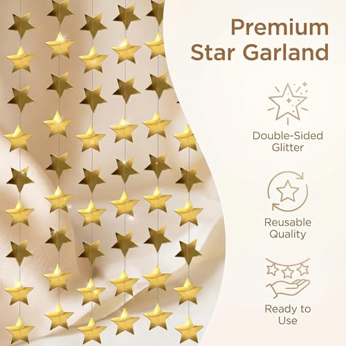 Gold Star Garland - 131FT Glitter Paper Star String for Parties
