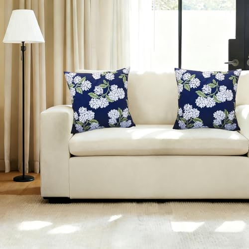 Blue Hydrangea Print 18x18 Inch Boho Farmhouse Throw Pillow Covers Set of 2