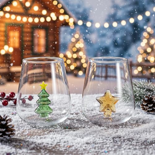 Christmas Tree and Star Stemless Wine Glass Set - 2 Pack Holiday Drinkware