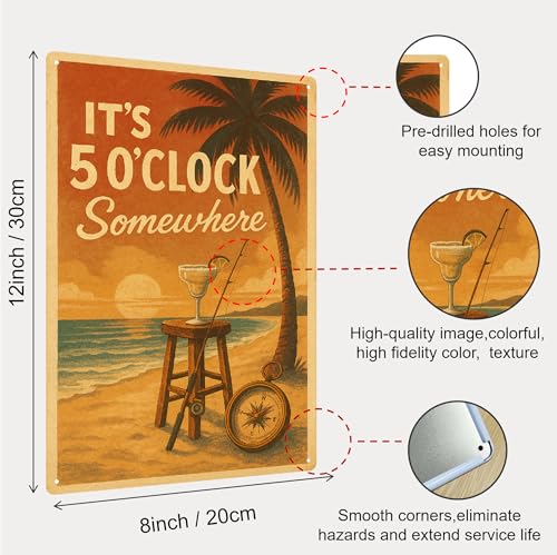 It's 5 O'Clock Somewhere Metal Sign - Tiki Bar & Home Decor, Outdoor Waterproof Wall Art