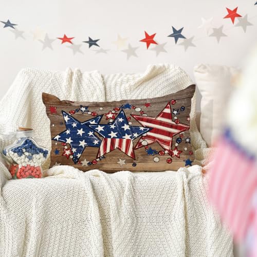 Brown 12x20 Inch Patriotic Stars Throw Pillow Cover 4th of July Memorial Day Decor
