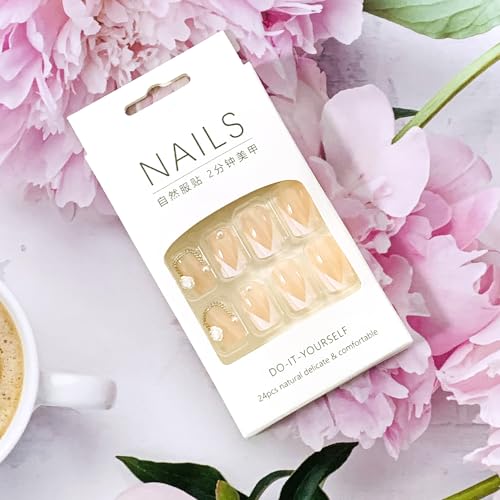 Onsdag Square French Tip Press On Nails with Flower Gems 24Pcs