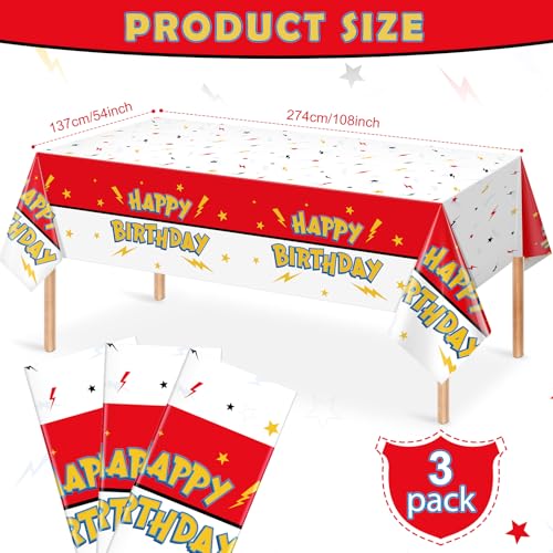 3 Pack Red & White Birthday Tablecloths - Happy Birthday Design, 54" x 108"