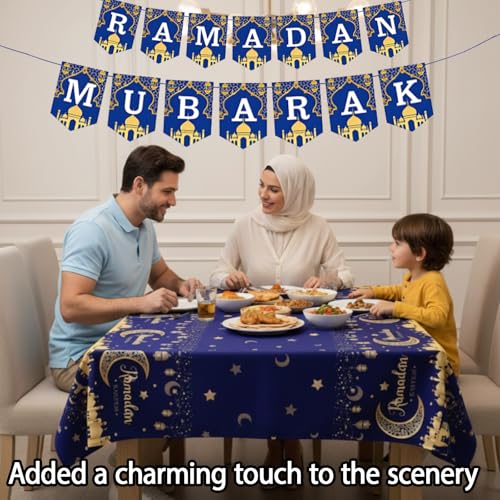 Ramadan Mubarak Decorations Set - Blue and Gold Banner, Garland & Tablecloth