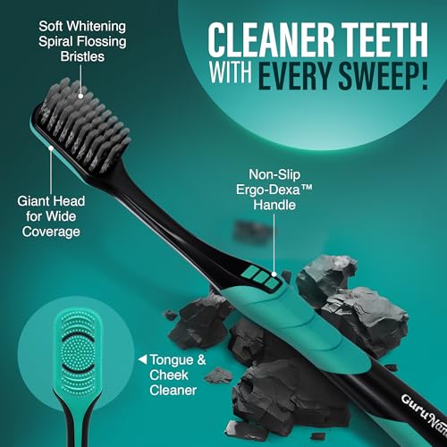 GuruNanda Charcoal Toothbrush, Soft Flossing Bristles, 2 Count