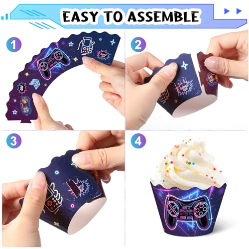 96 Pcs Neon Video Game Cupcake Toppers and Wrappers Party Set