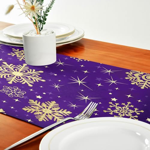 Double-Sided Christmas Table Runner 14x108 Inches Purple Snowflakes Holiday Decor