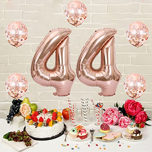 Rose Gold 44th Birthday Decorations - 40 Inch Foil & Confetti Balloons