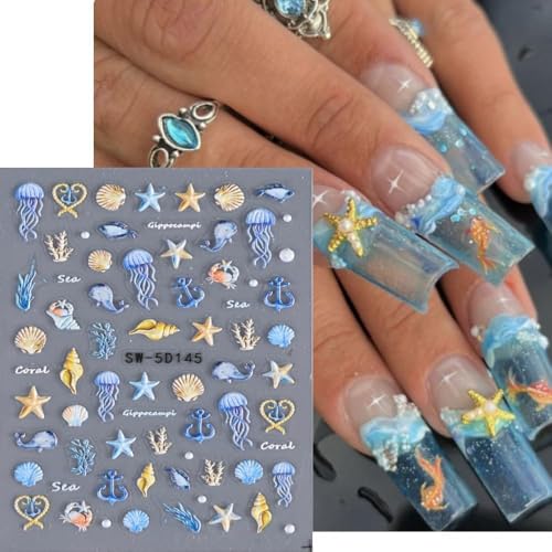 KAICCOSO 5D Embossed Starfish & Shell Nail Stickers - 3 Sheets Summer Beach DIY Manicure Decals