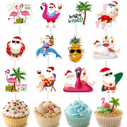 48 Tropical Christmas Cupcake Toppers | DIY July Party Decor