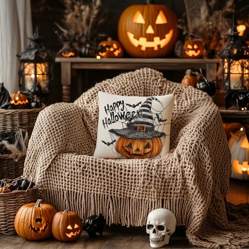 Happy Halloween Throw Pillow Cover 18x18, Jack-o'-Lantern Farmhouse Decor